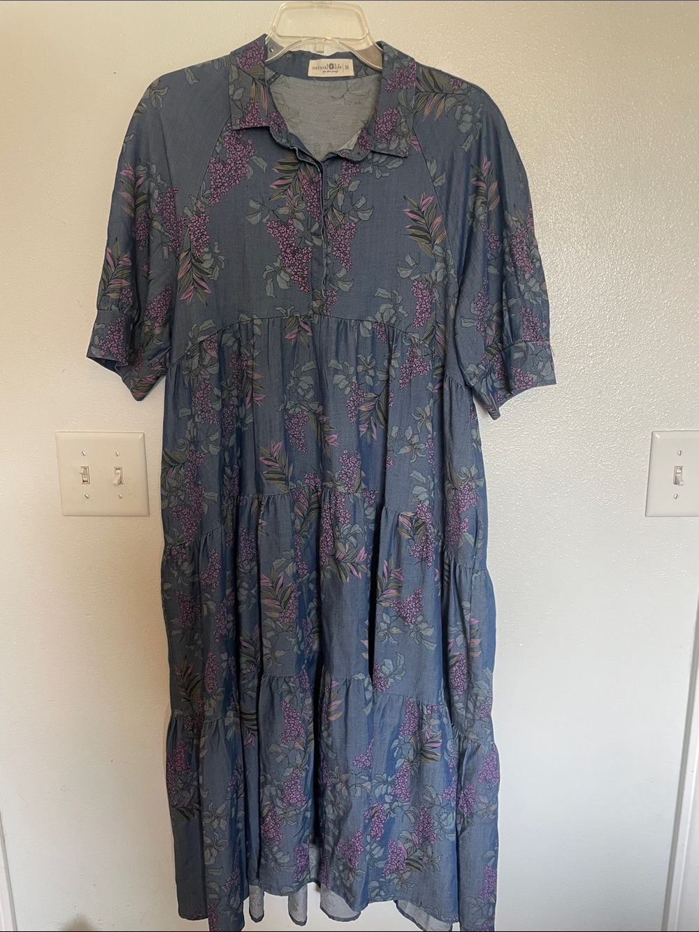 NATURAL LIFE Dusty Blue Floral Tiered Maxi Dress with Purple Blossoms